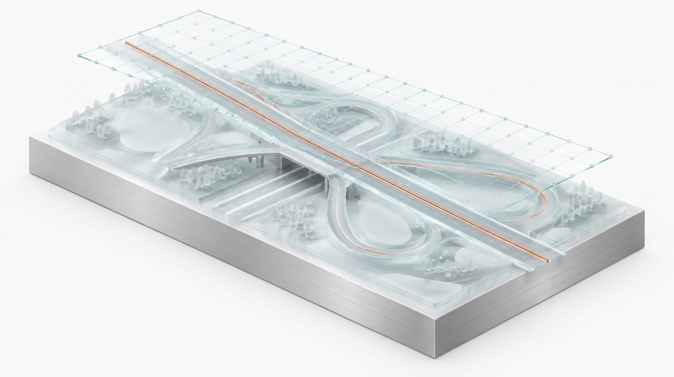 Glasmodell eines Autobahnabschnitts mit Br&uuml;cke und Kreuz auf Silbergrund, dar&uuml;ber ein Glasdatengitter, eine Kupferlinie entlang der Stra&szlig;e