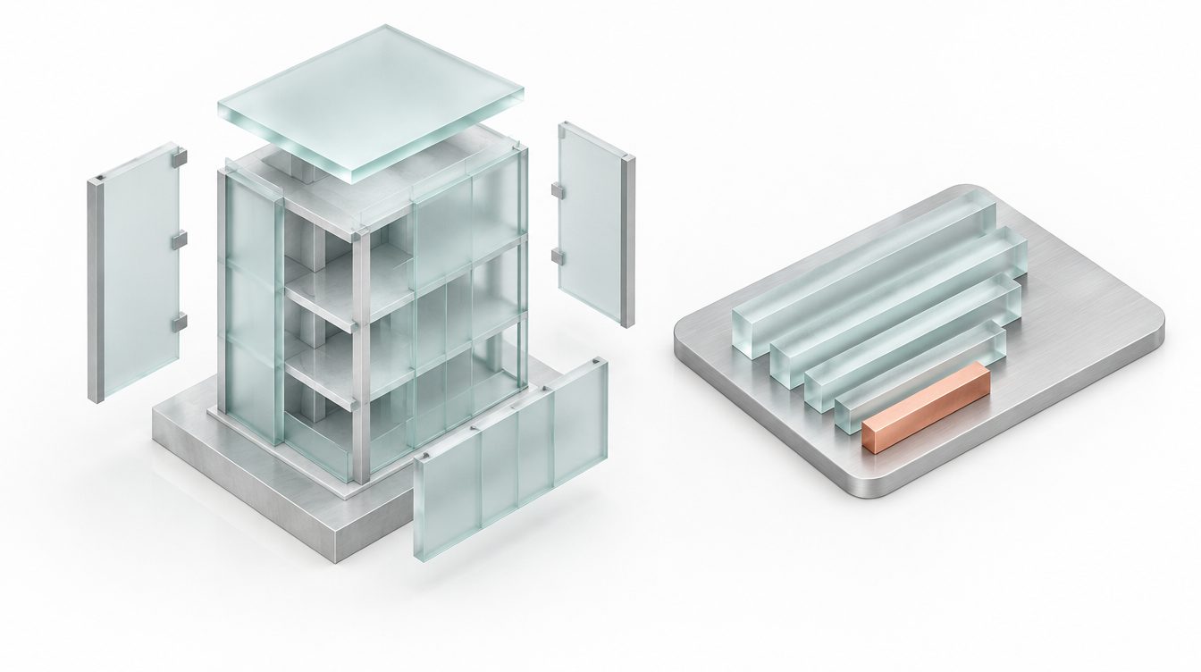 Glasgebäudemodell mit herausgehobenen Bauteilen neben einem Stapel Glasbalken als Mengen, einer kupfern